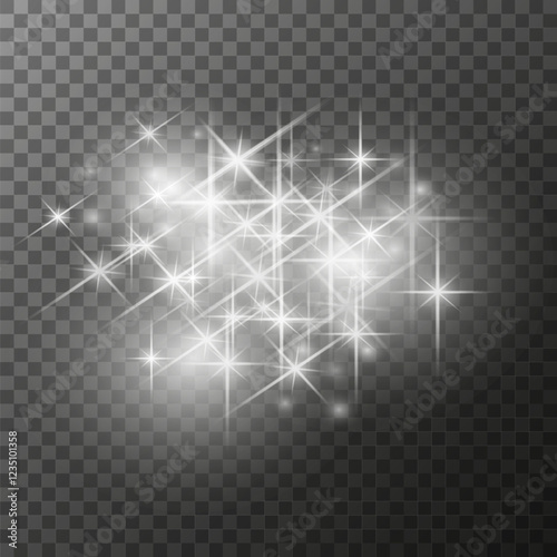 Sparkling vector cloud with stars on a transparent background. Shining illustration of bright elements for design