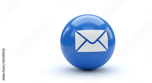 Blue sphere with email icon. White envelope icon on blue sphere. 3d render of email icon on blue sphere