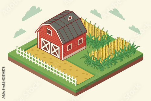 72 Miniature farm diorama, red barn, golden wheat field, lush green grass, corn stalks border, white picket fence, fluffy clouds, vibrant colors, isometric view, tilt-shift effect, 3D render, high det
