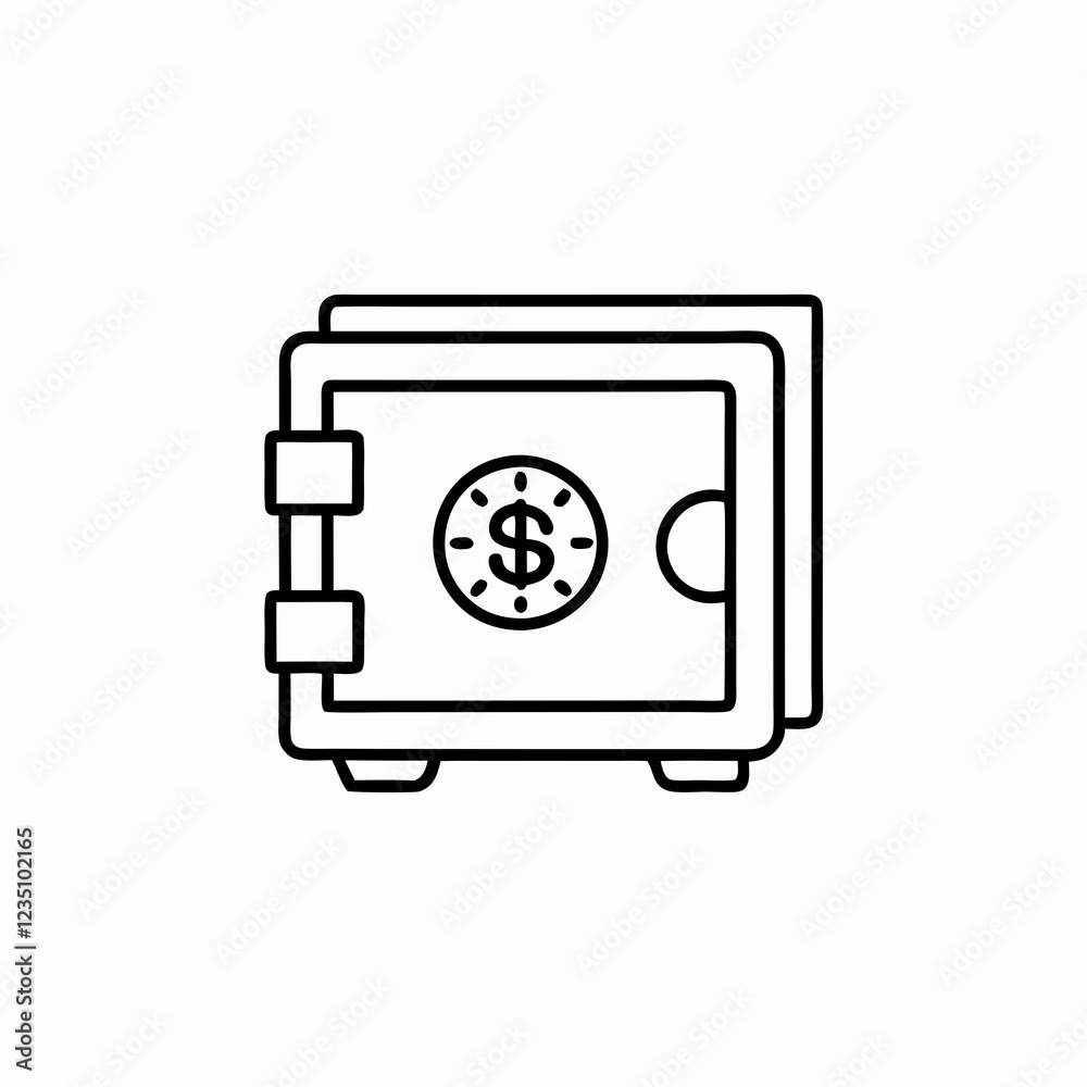 Line drawing of secure safe with dollar symbol. Simple sketch of financial security vault. Concept of: banking security, wealth protection, asset management Line drawing of secure safe with dollar symbol. Simple sketch of financial security vault. Concept of: banking security, wealth protection, asset management