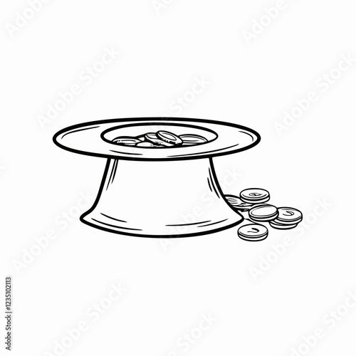 Coins scattered from hat-shaped bowl in line art style. Simple vintage engraving showing loose change spilling over. Concept of: charity, donations, fundraising