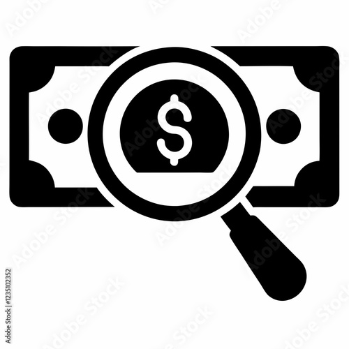 Magnifying glass examining dollar bill detail. Simple black and white illustration showing financial scrutiny. Concept of financial investigation, auditing services, fraud detection.