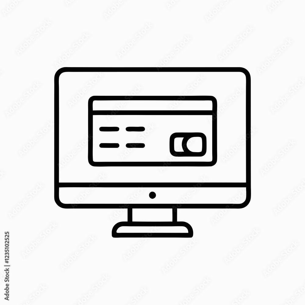 Digital payment system shown through minimalist computer screen and credit card illustration. Simple line drawing captures modern transaction process. Concept of e-commerce, digital banking. Digital payment system shown through minimalist computer screen and credit card illustration. Simple line drawing captures modern transaction process. Concept of e-commerce, digital banking.