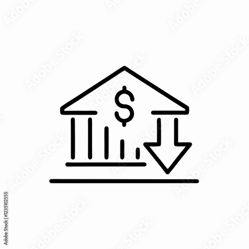 Bank building with descending arrows and dollar symbol showing financial decline. Stark illustration conveys economic downturn. Concept of banking crisis, market crash.