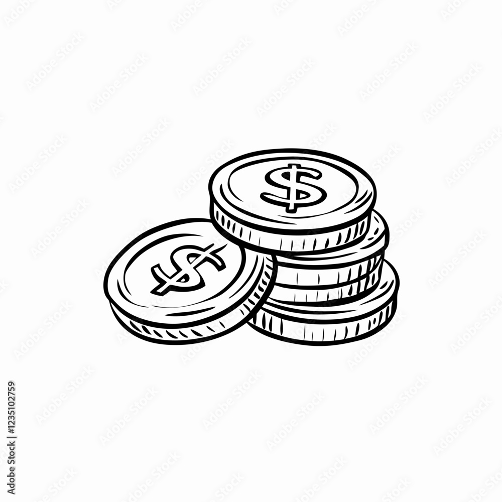 Stack of hand-drawn dollar coins with one leaning aside. Simple black and white sketch showcasing currency details. Concept of banking, savings, investment. Stack of hand-drawn dollar coins with one leaning aside. Simple black and white sketch showcasing currency details. Concept of banking, savings, investment.