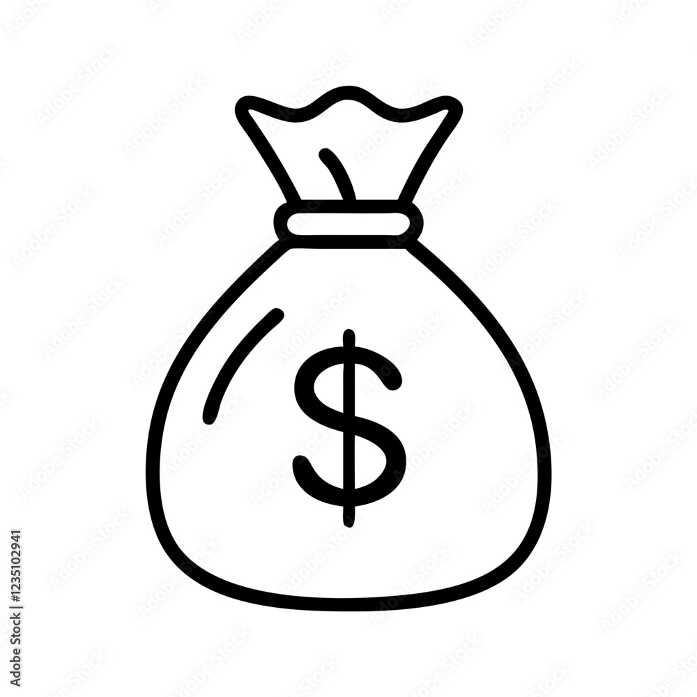 Simple line drawing of money bag with dollar sign motif. Clean minimal financial symbol in black and white. Concept of banking services, financial planning, wealth management. Simple line drawing of money bag with dollar sign motif. Clean minimal financial symbol in black and white. Concept of banking services, financial planning, wealth management.