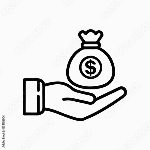 Hand offering money bag with dollar sign. Simple line illustration showing generous gesture. Concept of: charitable giving, fundraising, donations