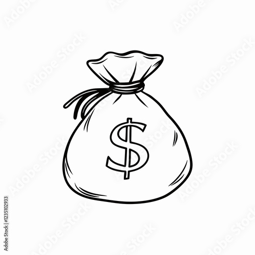 Simple line drawing of money bag with dollar sign. Minimalist black and white illustration showing classic finance symbol. Concept of wealth management, banking services, financial savings.