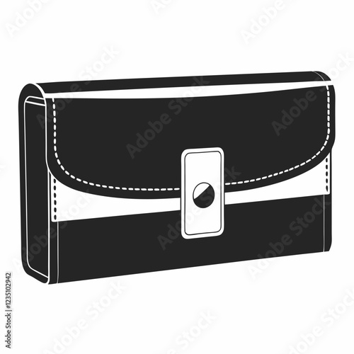 Elegant black and white clutch purse with rectangular clasp detail. Sophisticated minimalist fashion accessory illustration. Concept of luxury fashion, accessories retail, style boutique.