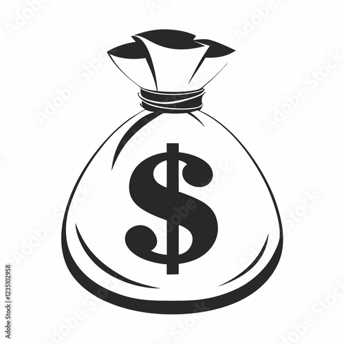 Vintage-style money bag with prominent dollar sign. Monochrome illustration symbolizing wealth. Concept of: banking services, financial planning, wealth management