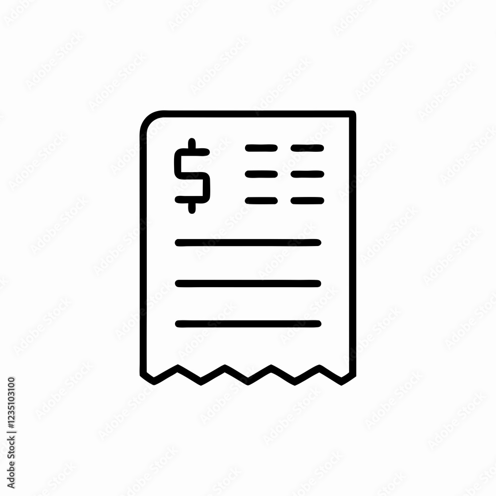 Simple line drawing of receipt with dollar sign and itemized lines. Minimalist black and white icon design with torn edge detail. Concept of retail, accounting, expenses. Simple line drawing of receipt with dollar sign and itemized lines. Minimalist black and white icon design with torn edge detail. Concept of retail, accounting, expenses.