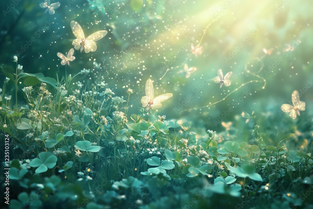 Fototapeta premium A serene forest scene filled with glowing butterflies and lush greenery.
