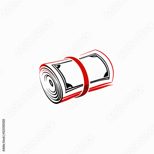 Roll of money bound with red band. Minimalist black and red illustration depicting bundled currency. Concept of wealth accumulation, cash management, financial success.