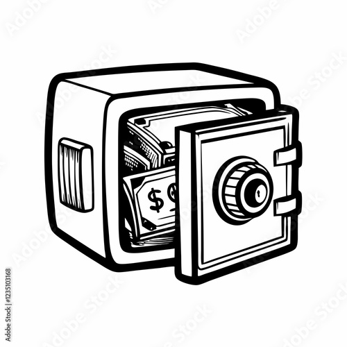 Open safe revealing stacks of money. Vintage-style line drawing with detailed shading. Concept of banking security, wealth management, financial protection.