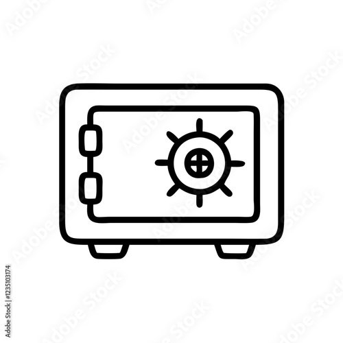 Minimalist safe with prominent dial. Clean line drawing with architectural details. Concept of security services, banking solutions, vault storage.
