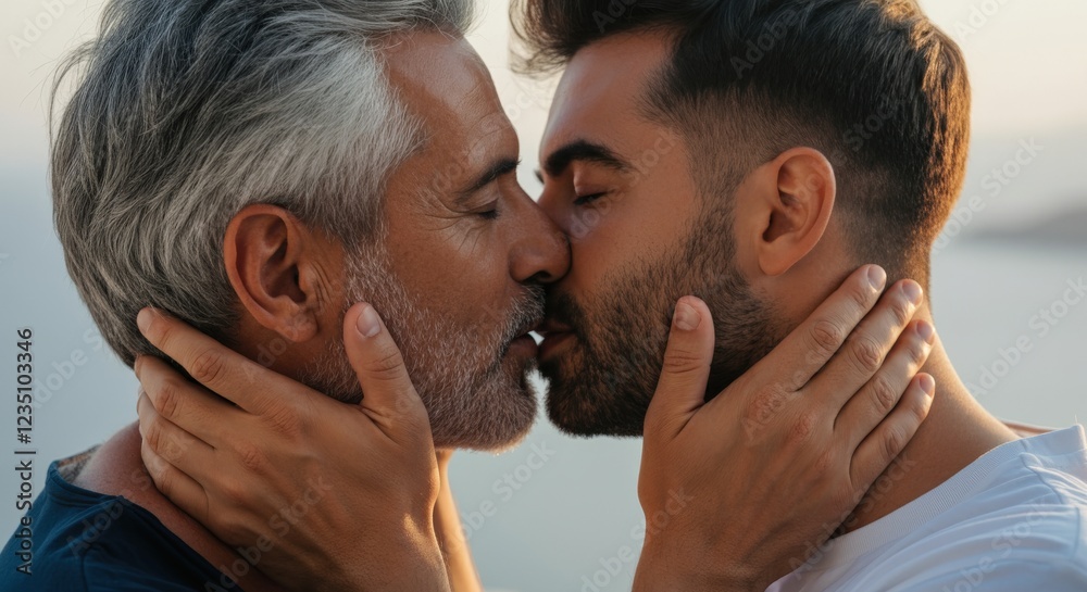 Fototapeta premium Romantic moment between mature caucasian male and young hispanic male at sunset