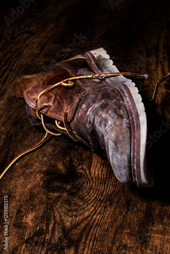 This photograph showcases a different perspective of a worn boot positioned on a textured wooden background, emphasizing both form and worn character. photo