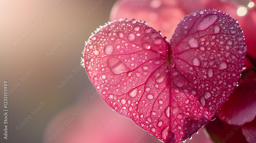 pink heart-shaped blossom with intricate petal veins, surrounded by dewdrops, glowing softly under morning sunlight pink heart-shaped blossom with intricate petal veins, surrounded by dewdrops, glowing softly under morning sunlight