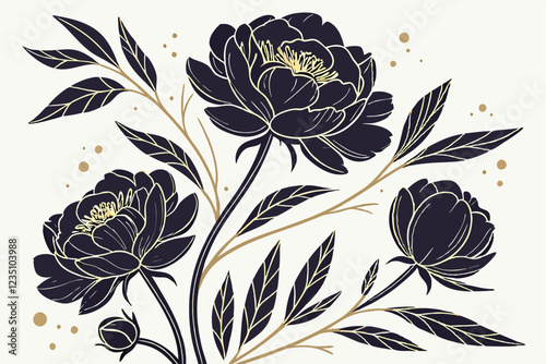  Dark moody floral, black and gold peonies, watercolor illustration, elegant botanical art, dramatic contrast, vintage-inspired, isolated flowers on white background, gold accents, rich textures, somb