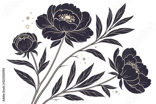  Dark moody floral, black and gold peonies, watercolor illustration, elegant botanical art, dramatic contrast, vintage-inspired, isolated flowers on white background, gold accents, rich textures, somb