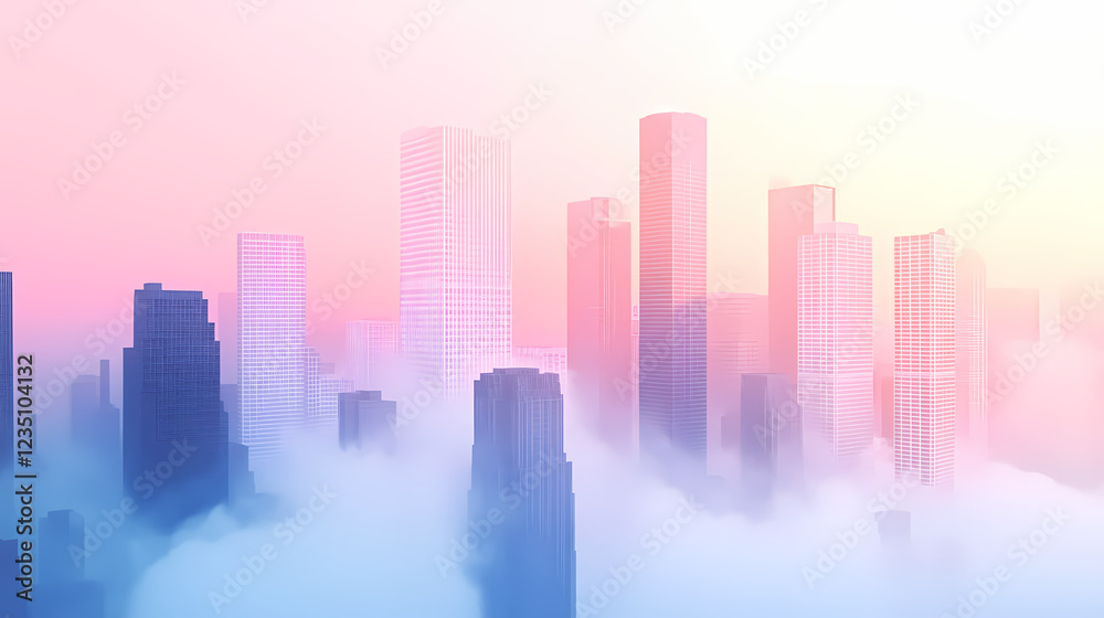 Misty cityscape blending skyscrapers and white fog for a dreamy and surreal atmosphere. Dreamy Surrealism. Illustration Misty cityscape blending skyscrapers and white fog for a dreamy and surreal atmosphere. Dreamy Surrealism. Illustration