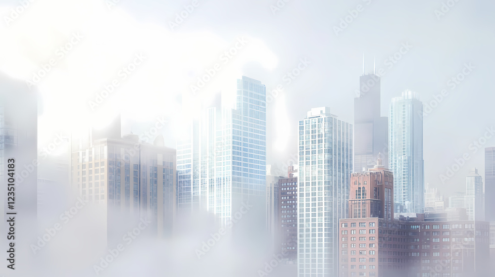 Fototapeta premium Misty cityscape blending skyscrapers and white fog for a dreamy and surreal atmosphere. Dreamy Surrealism. Illustration
