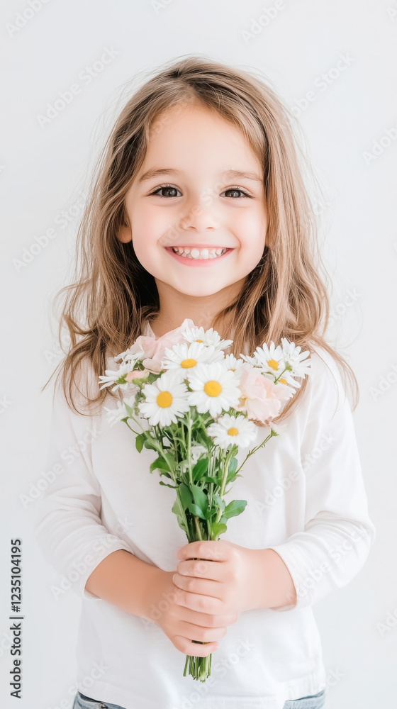 Joyful child holding floral bouquet for valentine's day celebration Joyful child holding floral bouquet for valentine's day celebration