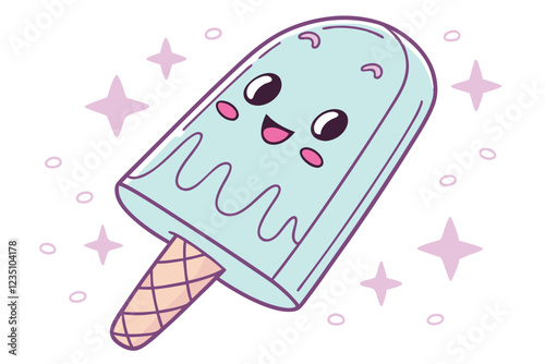 Cute cartoon popsicle, light blue ice cream, pink stick, simple smiley face, kawaii style, pastel colors, white background, sparkly texture, minimalist design, cheerful expression, children's illustra