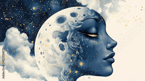 Png surreal moon face illustration. Dreamy Surrealism. Illustration photo