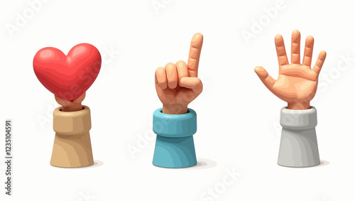 Hands making heart shape gesture cute 3D icons set. Vector illustration of cartoon romantic feelings, love symbol. Render fingers gesture with red heart emoji, white sleeve. Positive communication