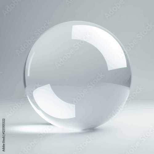 Realistic 3D glass ball with glares and highlights. Glossy volume white circle pearl effect. Transparent glass sphere isolated on grey. Spherical figure shape, crystal bubble. Vector illustration