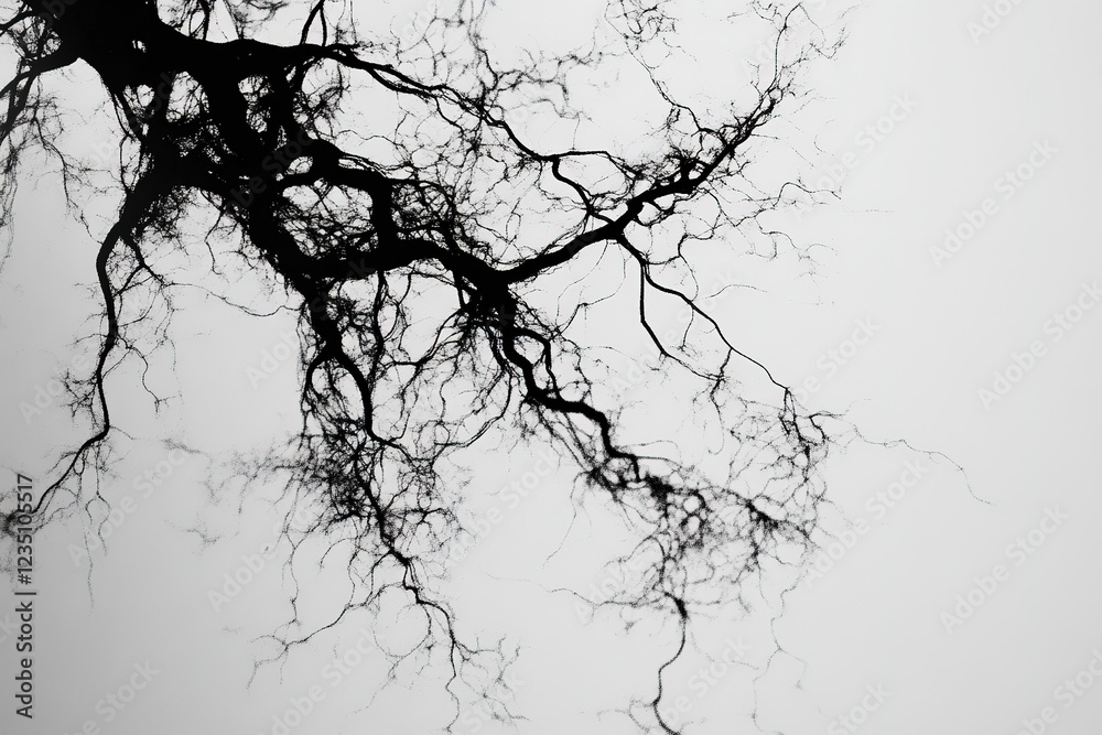 Fototapeta premium Abstract branching lines create a digital brain structure resembling neural connections in monochrome design