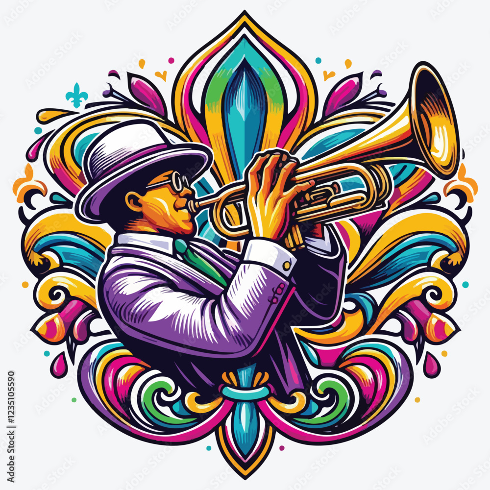 Naklejka premium Second Line Fleur de Lis Trumpet Player stock illustration