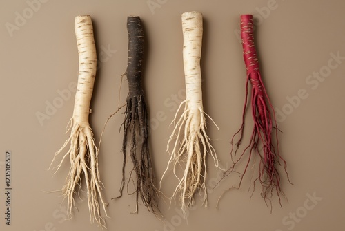 Diverse varieties of ginseng roots displayed on brown background photo