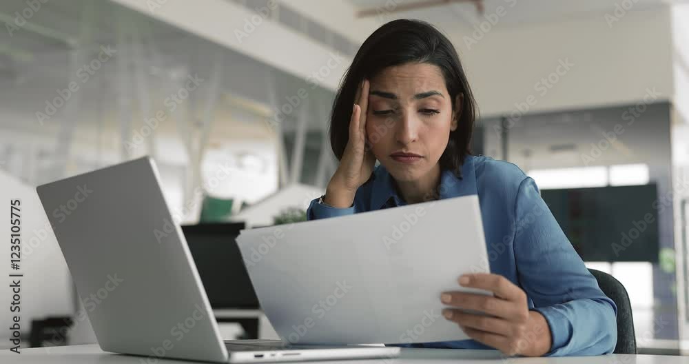 Office employee feels concerned while reads document with negative news, review sales data with revenue decrease, information about demotion, downsizing, or layoffs, unsuccess in work-related matter