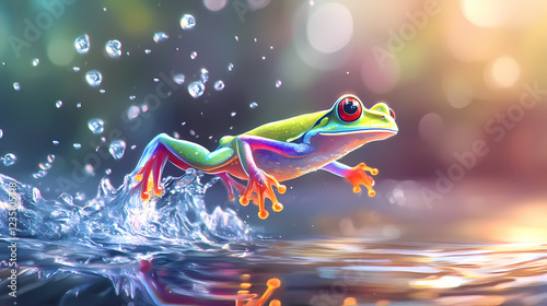 Vibrant frog leaping water, surreal art - surrealism. Dreamy Surrealism. Illustration
