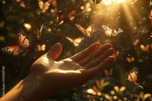 A hand extending into a sunlit forest as butterflies flutter around in a magical moment of nature's beauty