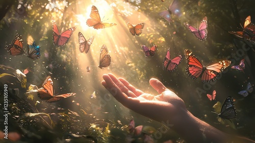 A hand reaching into a sunlit forest, inviting colorful butterflies to join in a serene moment of nature