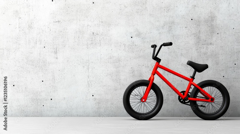 A BMX Bike Against A Concrete Background With Copy Space - A vibrant red BMX bike stands against a textured concrete wall symbolizing freedom, adventure, youth, activity, and urban culture. A BMX Bike Against A Concrete Background With Copy Space - A vibrant red BMX bike stands against a textured concrete wall symbolizing freedom, adventure, youth, activity, and urban culture.