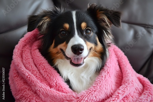 A happy Australian Shepherd wrapped in a pink blanket, sitting comfortably at home