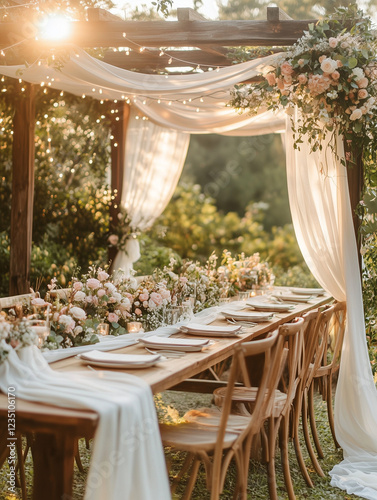 Romantic outdoor wedding setup with a rustic wooden pergola adorned with white drapes and lush floral arrangements in soft pastel tones. Elegant table décor creates a dreamy atmosphere for a perfect 