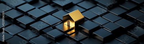 Luxury Real Estate and Investment Concept: Golden House Figurine Standing Out Among Black Square Tiles, Symbolizing Wealth, Prestige, and Exclusive Property Market
