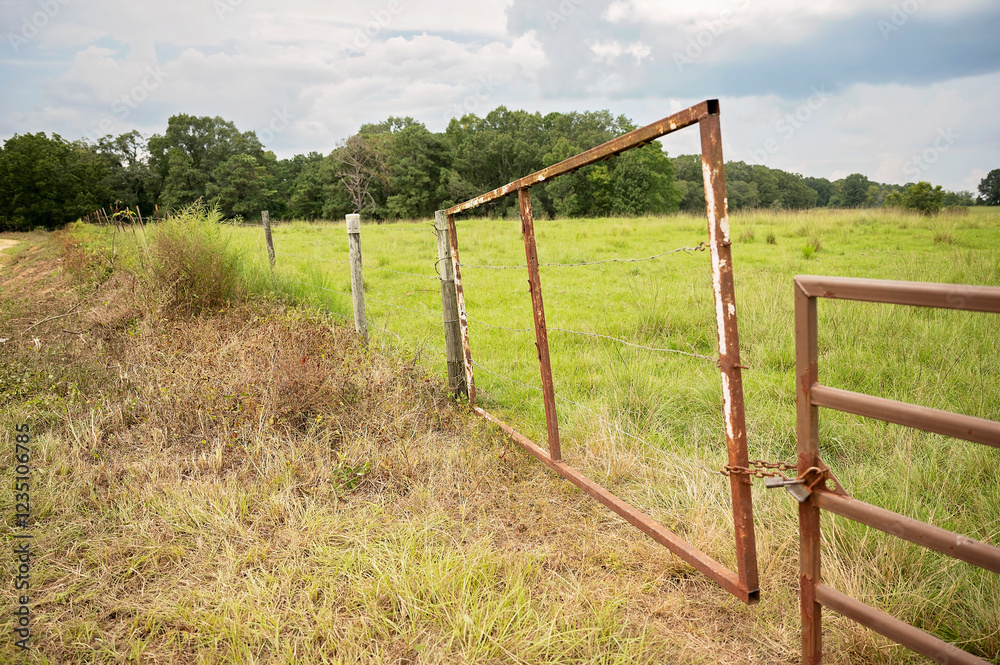 Rustic metal gate with a padlock opening to a green pasture Rustic metal gate with a padlock opening to a green pasture
