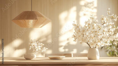 Wooden table, orchids, sunlit room, minimalist decor