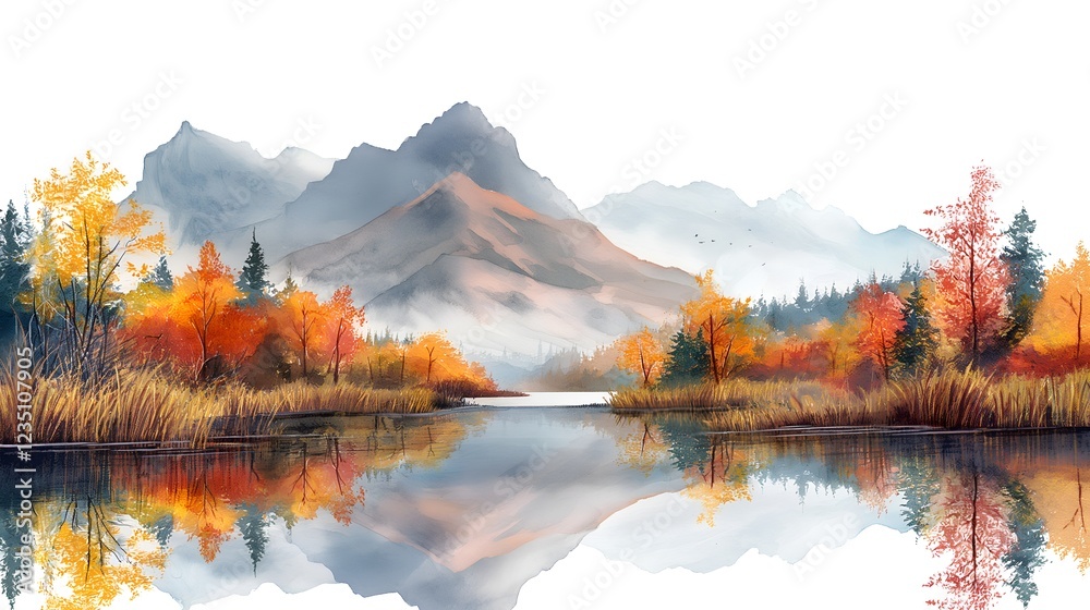 Fototapeta premium Scenic Watercolor Illustration A picturesque landscape painting, ideal for creating a serene atmosphere in home decor, travel brochures, or websites.