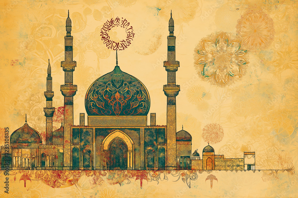 postcard with Muslim mosque, Muslim building and moon for Ramadan. Ramadan kareem, Ramadan Mubarak, Happy Ramadan, generative AI
