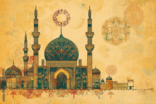 postcard with Muslim mosque, Muslim building and moon for Ramadan. Ramadan kareem, Ramadan Mubarak, Happy Ramadan, generative AI