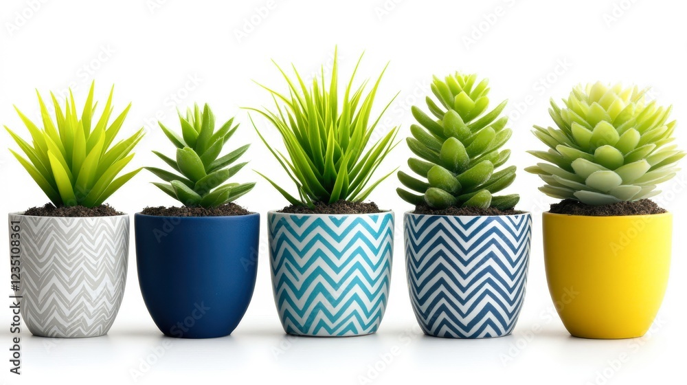 A visually appealing arrangement of vibrant artificial succulents in decorative pots showcases various colors and patterns, This image is perfect for home decor, gardening blogs