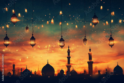 postcard with Muslim mosque, Muslim building and moon for Ramadan. Ramadan kareem, Ramadan Mubarak, Happy Ramadan, generative AI