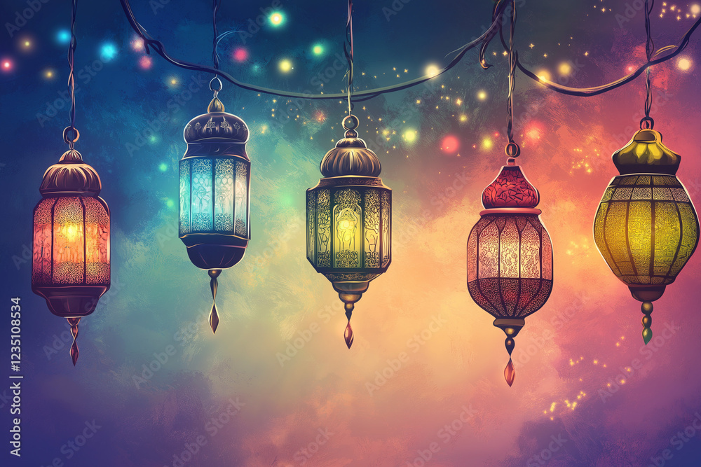 postcard with beautiful arabic colorful lamps for Ramadan. Ramadan kareem, Ramadan Mubarak, Happy Ramadan, generative AI